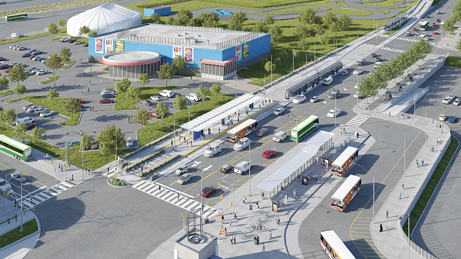 Rathburn Road Aerial View of the new Hurontario Light Rail to be developed by Hitachi